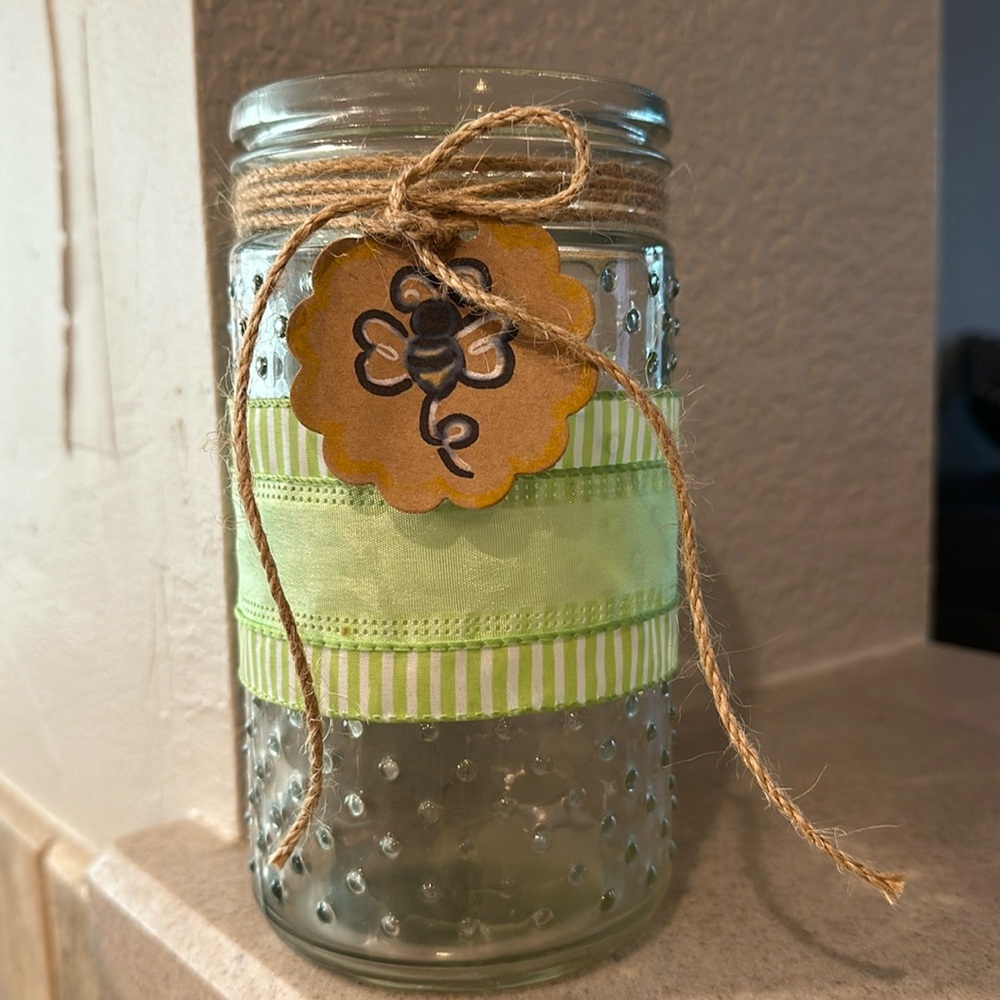 Hand-made/decorated glass vase with ribbon and bumblebee tag